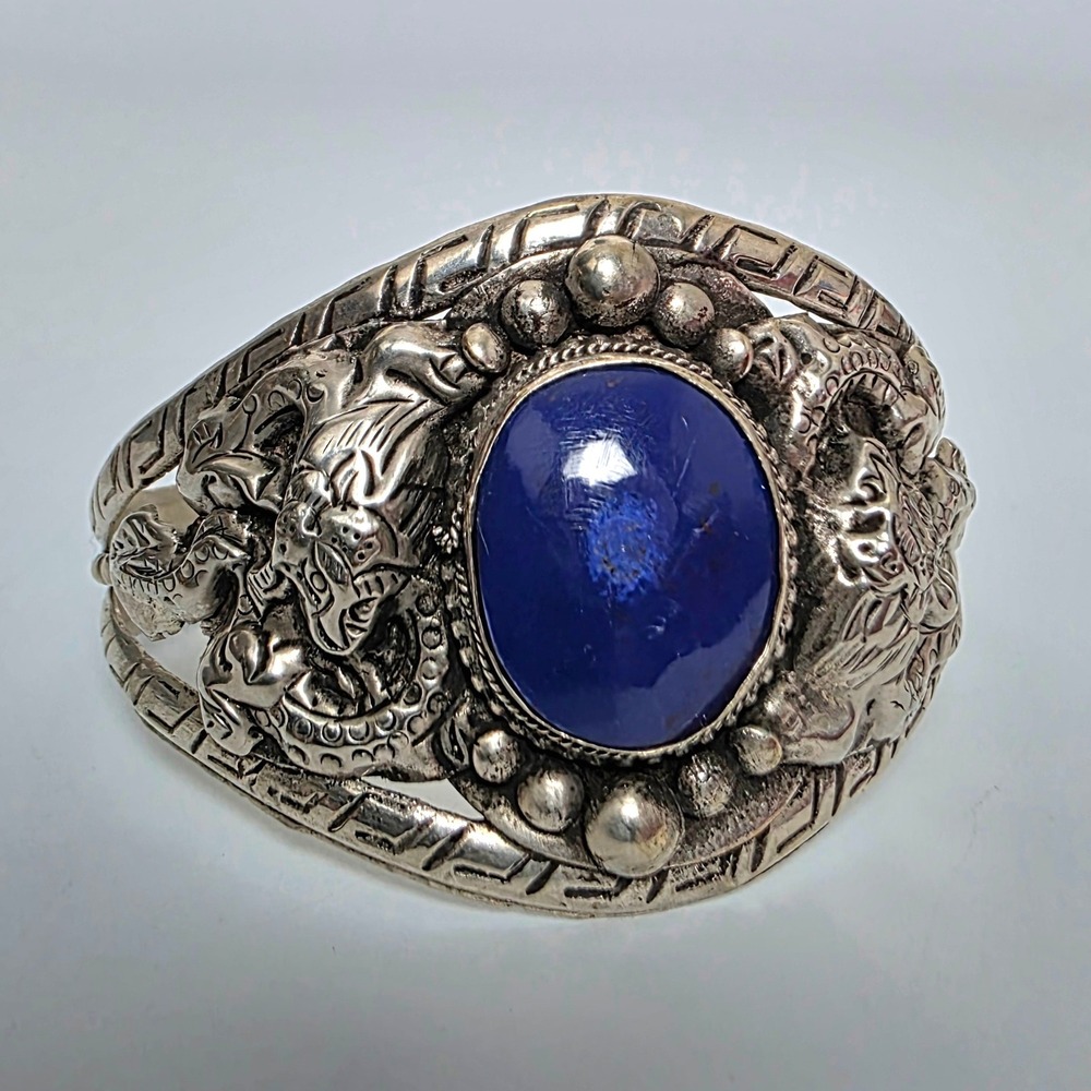 Vintage Handmade India Tibetan Dragon Cuff Bracelet Lapis Lazuli Silvertone Boho